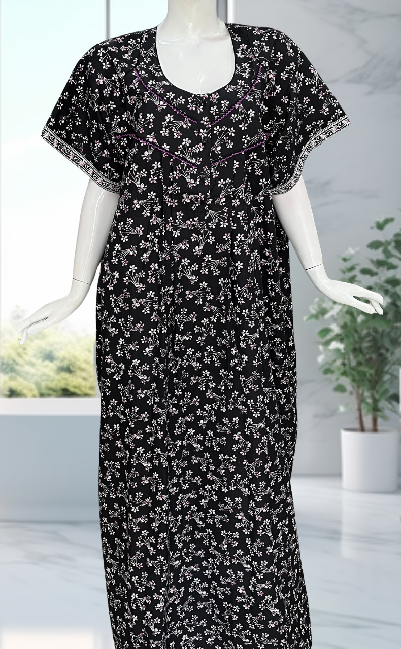 Black Floral Pure Cotton Nighty. Pure Durable Cotton | Laces and Frills