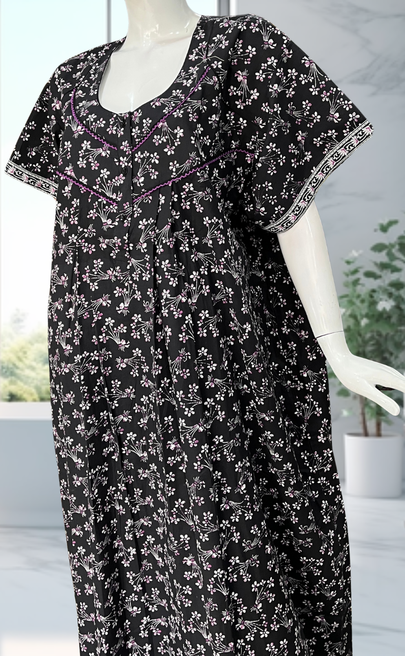 Black Floral Pure Cotton Nighty. Pure Durable Cotton | Laces and Frills