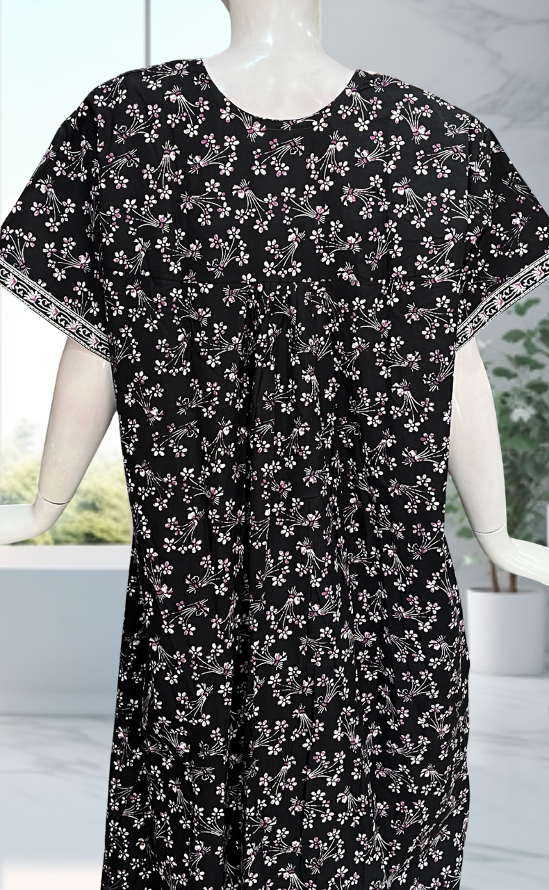 Black Floral Pure Cotton Nighty. Pure Durable Cotton | Laces and Frills