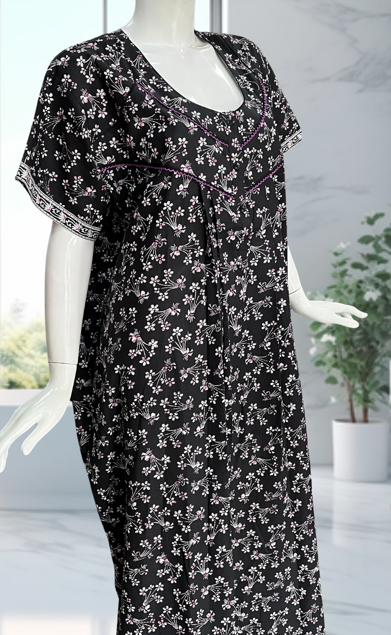 Black Floral Pure Cotton Nighty. Pure Durable Cotton | Laces and Frills