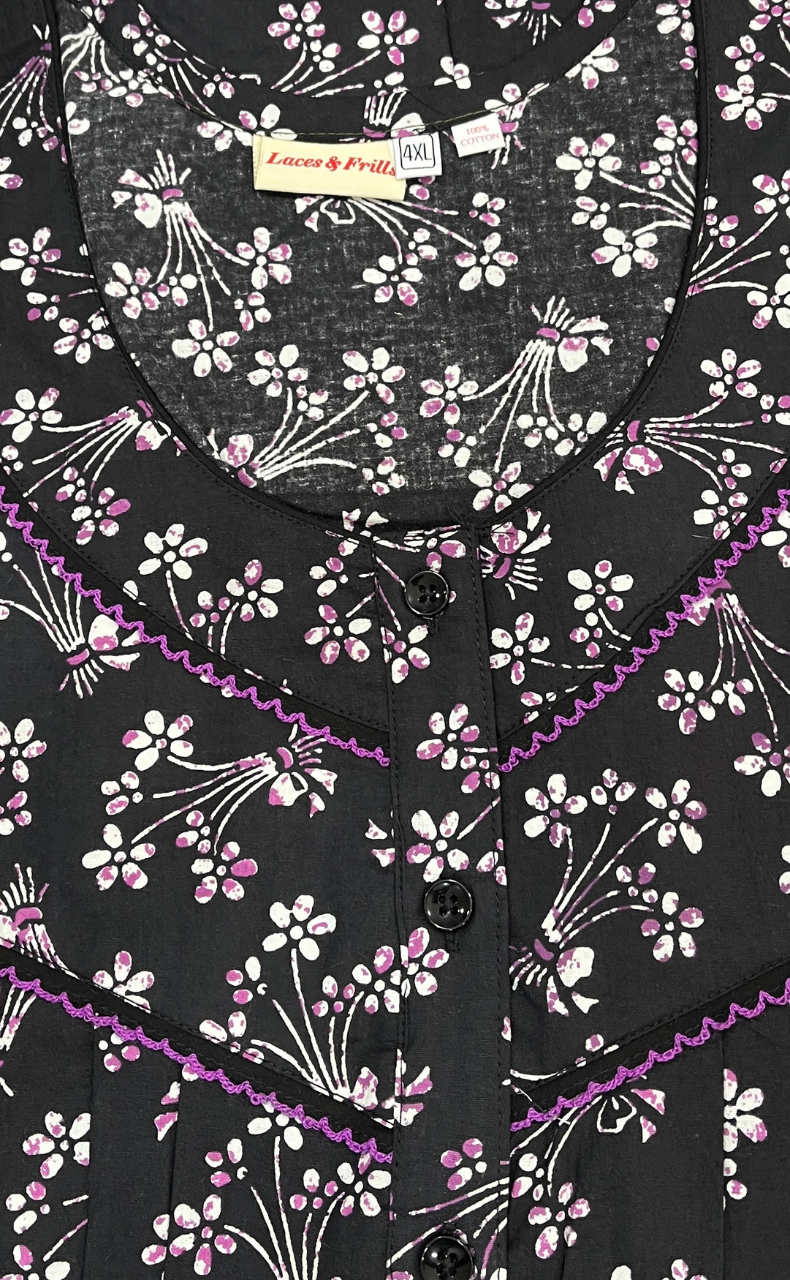 Black Floral Pure Cotton Nighty. Pure Durable Cotton | Laces and Frills
