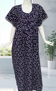 Navy Blue Floral Pure Cotton Nighty. Pure Durable Cotton | Laces and Frills