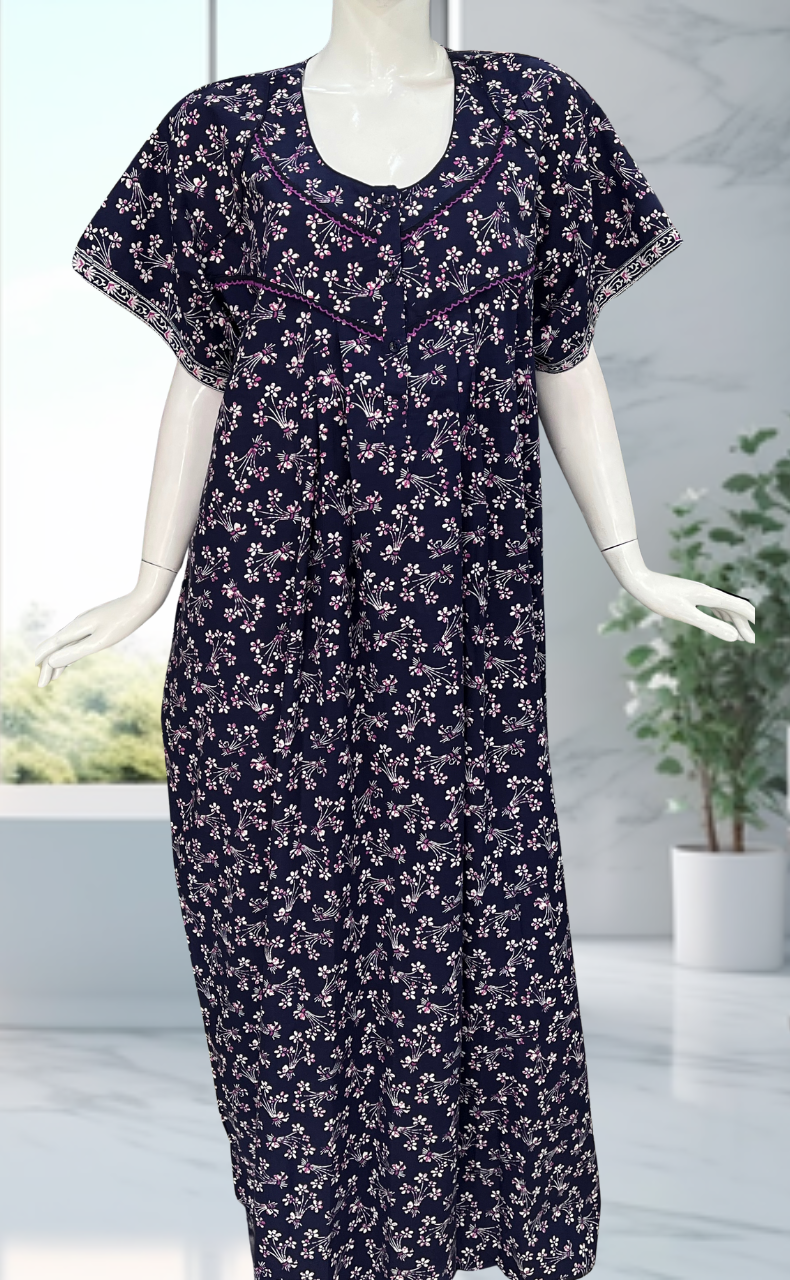 Navy Blue Floral Pure Cotton Nighty. Pure Durable Cotton | Laces and Frills