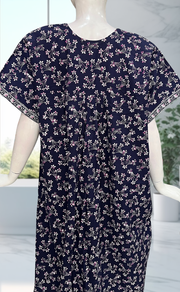 Navy Blue Floral Pure Cotton Nighty. Pure Durable Cotton | Laces and Frills