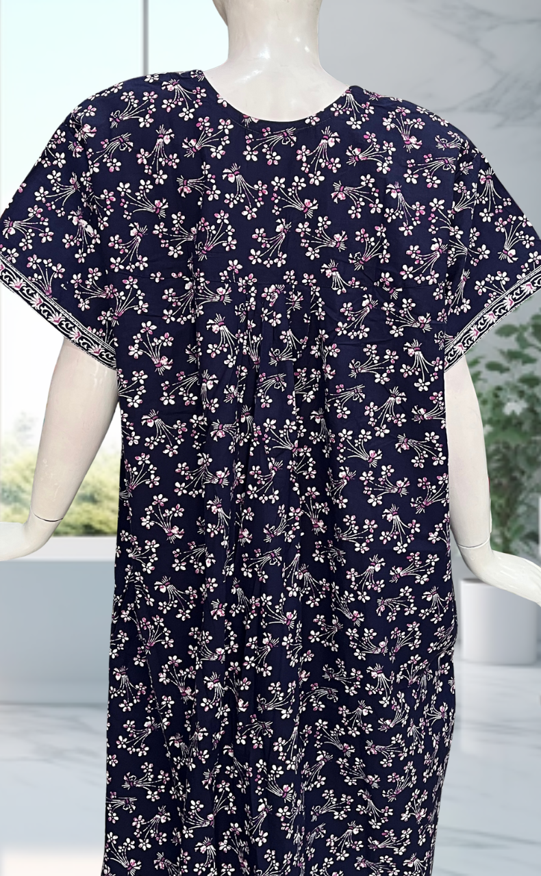 Navy Blue Floral Pure Cotton Nighty. Pure Durable Cotton | Laces and Frills