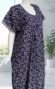 Navy Blue Floral Pure Cotton Nighty. Pure Durable Cotton | Laces and Frills