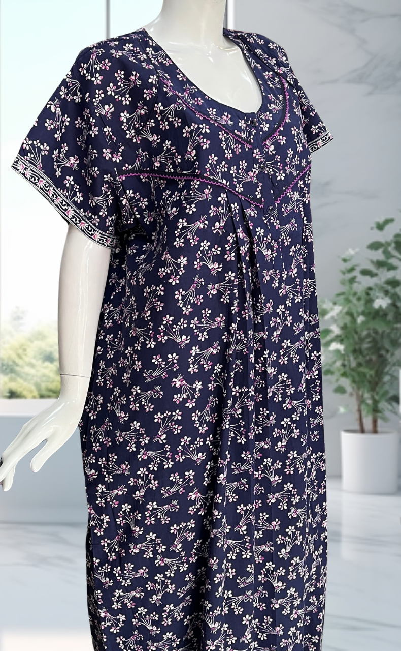 Navy Blue Floral Pure Cotton Nighty. Pure Durable Cotton | Laces and Frills