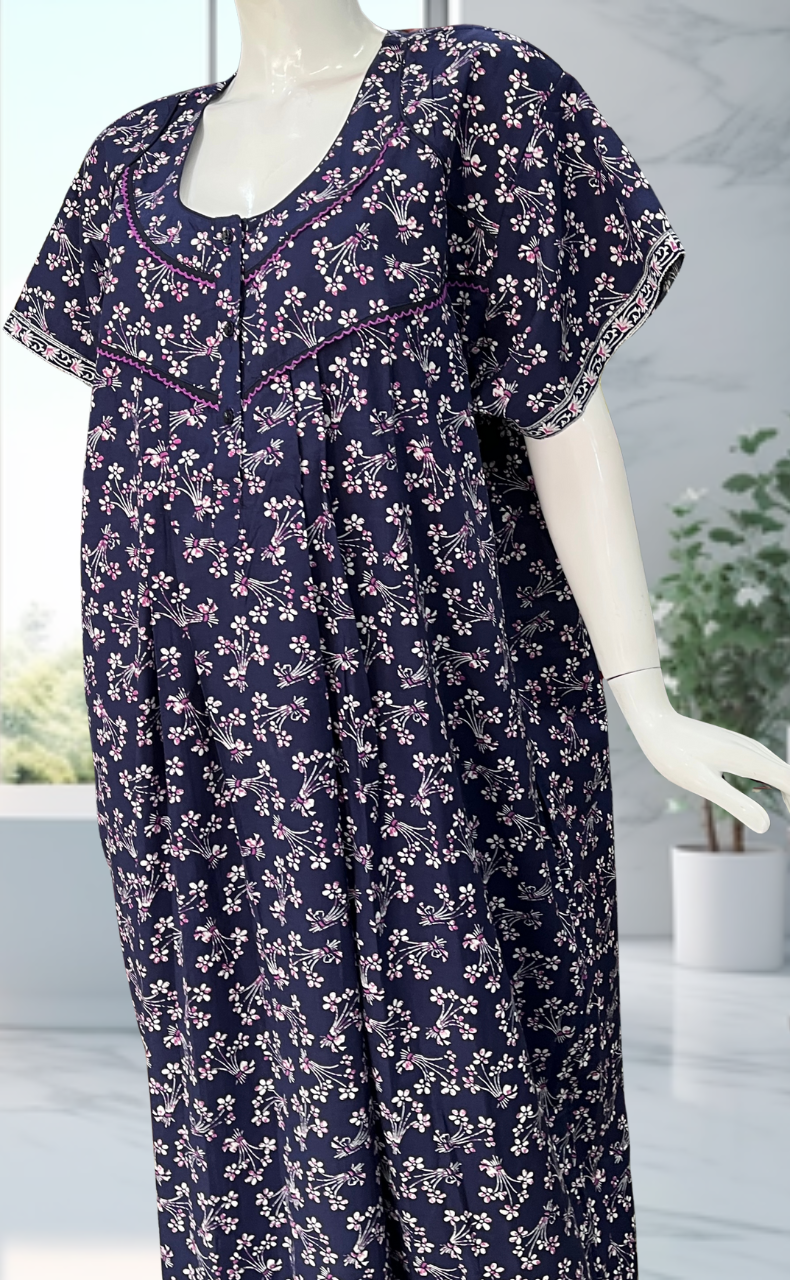 Navy Blue Floral Pure Cotton Nighty. Pure Durable Cotton | Laces and Frills