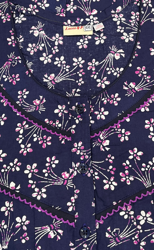 Navy Blue Floral Pure Cotton Nighty. Pure Durable Cotton | Laces and Frills