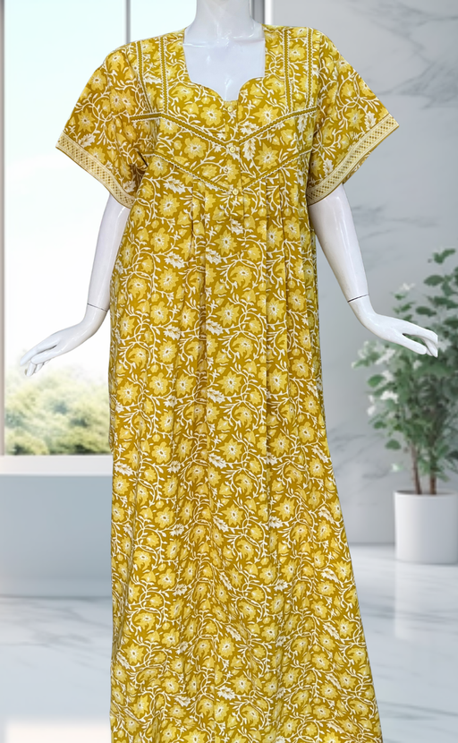 Yellow Floral Pure Cotton Nighty. Pure Durable Cotton | Laces and Frills
