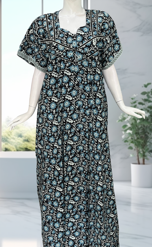 Black Floral Pure Cotton Nighty. Pure Durable Cotton | Laces and Frills