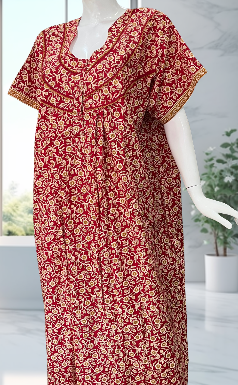 Red Tiny Flora Pure Cotton Nighty. Pure Durable Cotton | Laces and Frills