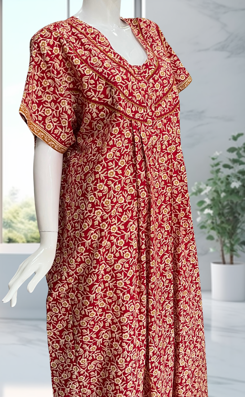 Red Tiny Flora Pure Cotton Nighty. Pure Durable Cotton | Laces and Frills
