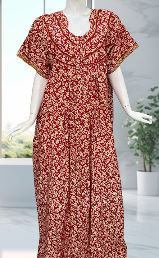 Red Tiny Flora Pure Cotton Nighty. Pure Durable Cotton | Laces and Frills