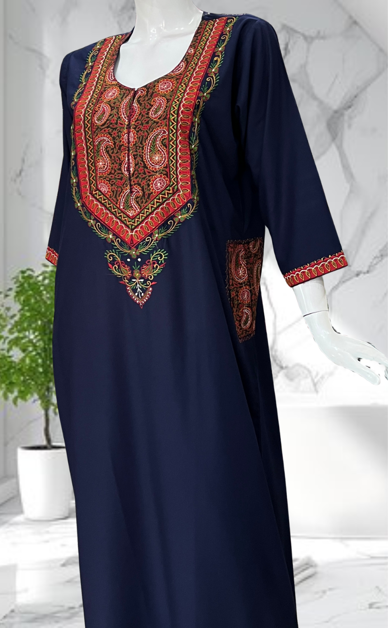 Navy Blue Embroidery Soft Cotton Nighty. Soft Breathable Fabric | Laces and Frills