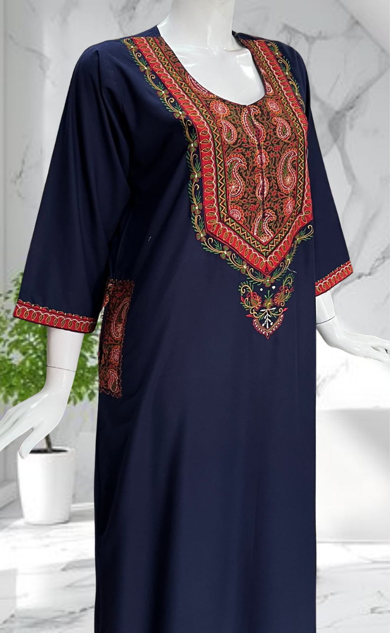 Navy Blue Embroidery Soft Cotton Nighty. Soft Breathable Fabric | Laces and Frills