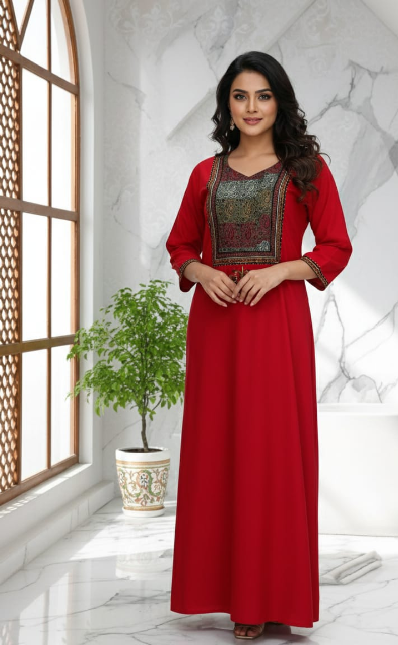 Red Bhopali Embroidery Soft Cotton Nighty. Soft Breathable Fabric | Laces and Frills