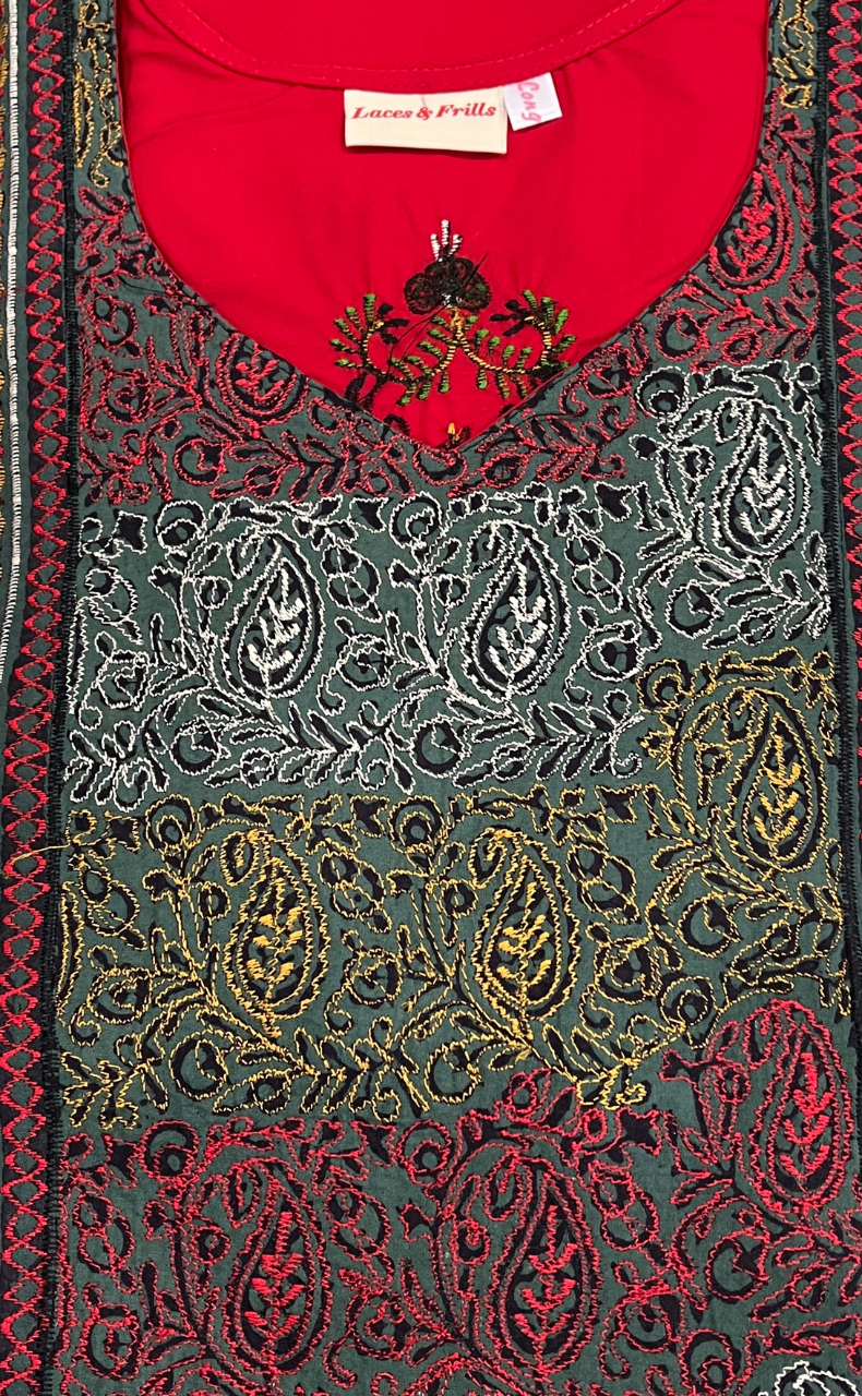 Red Embroidery Soft Cotton Nighty. Soft Breathable Fabric | Laces and Frills