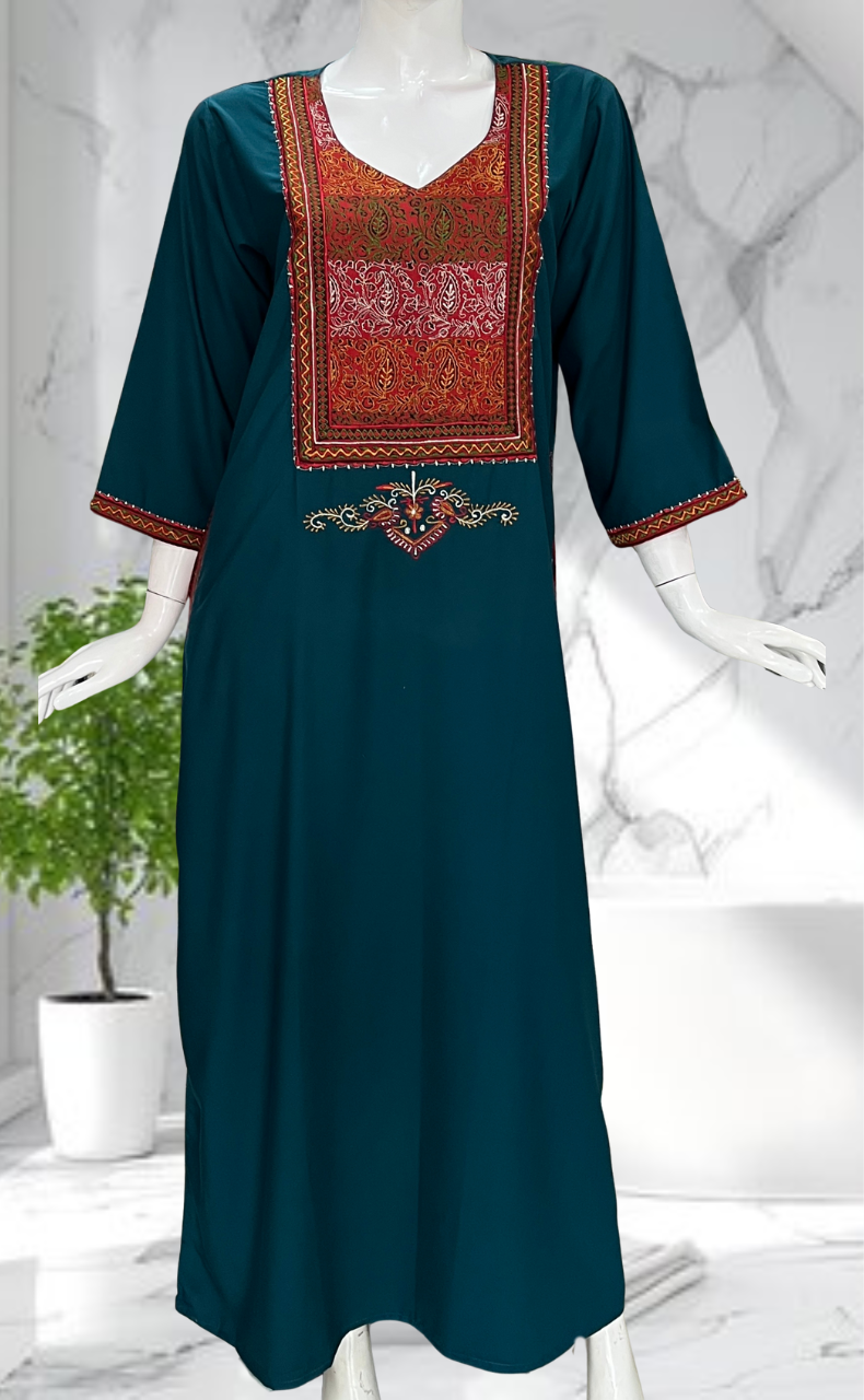 Teal Green Embroidery Soft Cotton Nighty. Soft Breathable Fabric | Laces and Frills