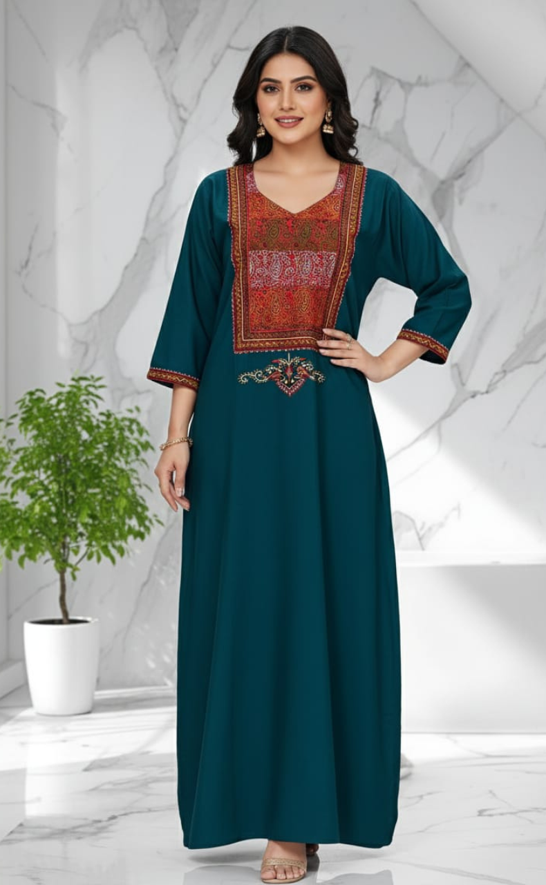 Teal Green Bhopali Embroidery Soft Cotton Nighty. Soft Breathable Fabric | Laces and Frills