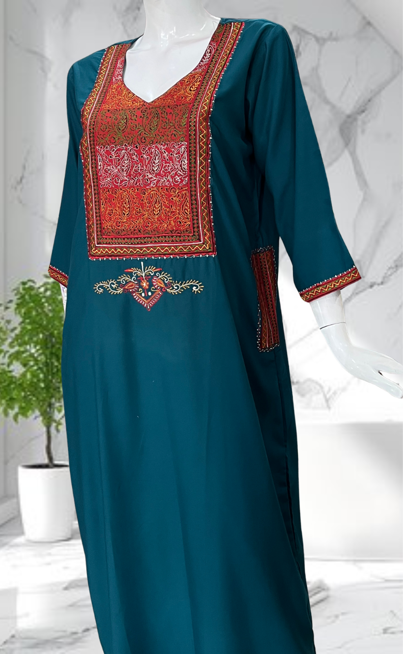 Teal Green Embroidery Soft Cotton Nighty. Soft Breathable Fabric | Laces and Frills