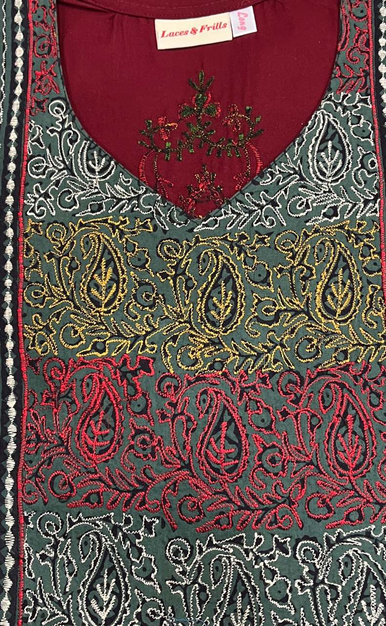 Maroon Embroidery Soft Cotton Nighty. Soft Breathable Fabric | Laces and Frills