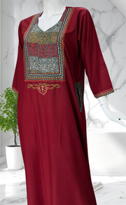 Maroon Embroidery Soft Cotton Nighty. Soft Breathable Fabric | Laces and Frills