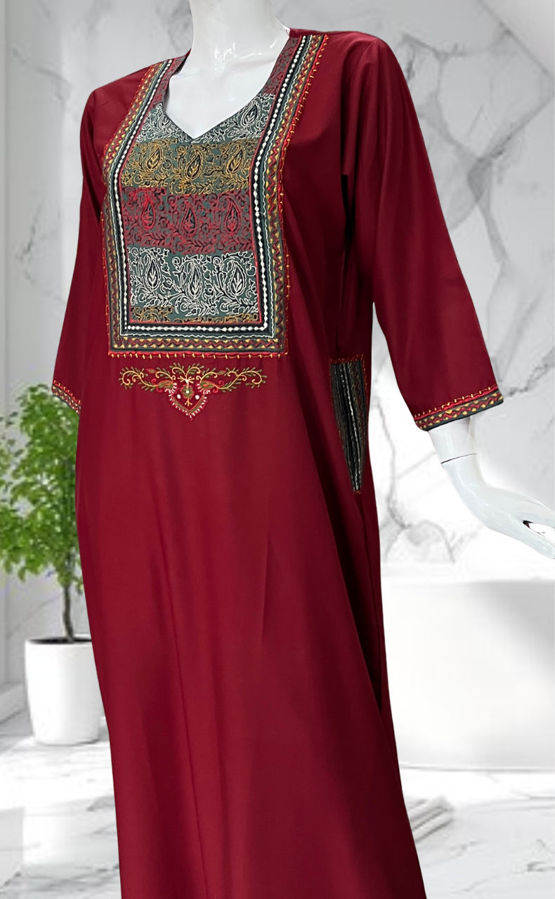 Maroon Embroidery Soft Cotton Nighty. Soft Breathable Fabric | Laces and Frills