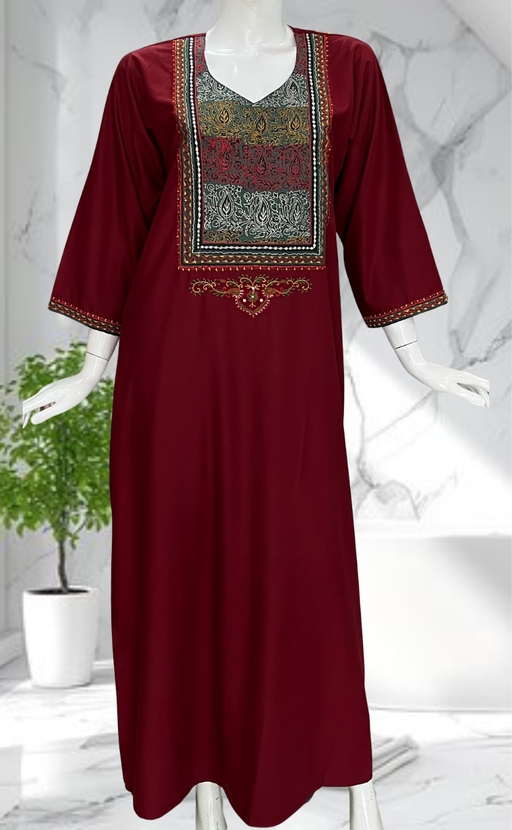 Maroon Embroidery Soft Cotton Nighty. Soft Breathable Fabric | Laces and Frills