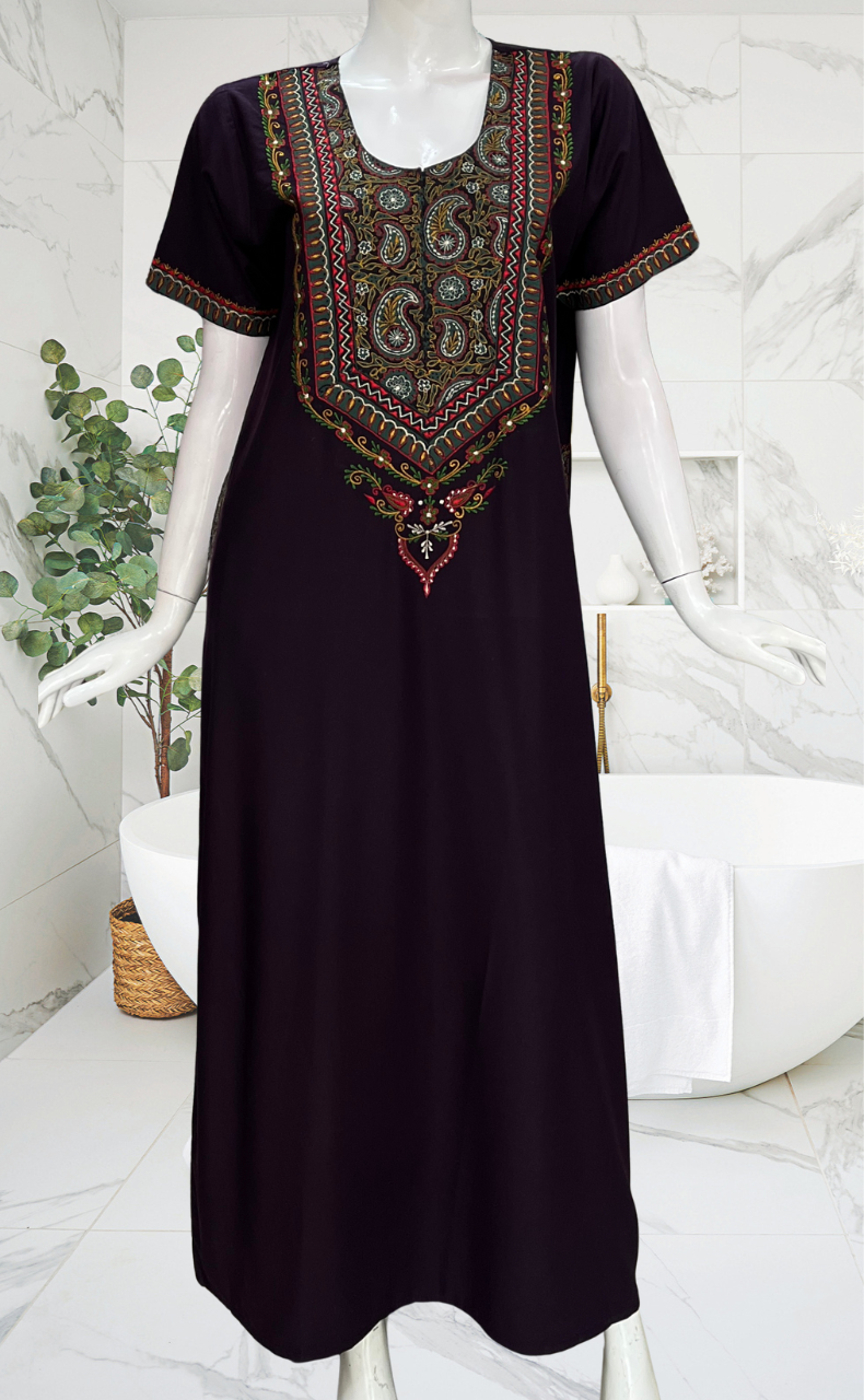 Dark Violet Bhopali Embroidery Soft Cotton Nighty. Soft Breathable Fabric | Laces and Frills