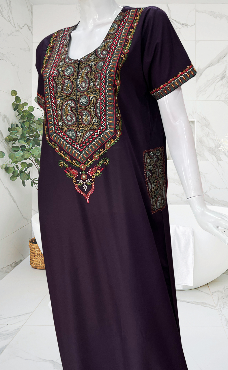 Dark Violet Bhopali Embroidery Soft Cotton Nighty. Soft Breathable Fabric | Laces and Frills