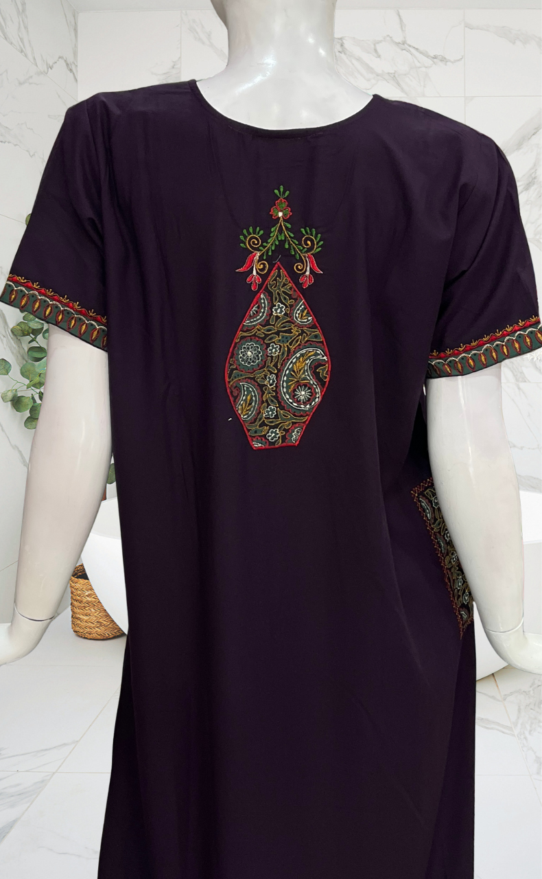 Dark Violet Bhopali Embroidery Soft Cotton Nighty. Soft Breathable Fabric | Laces and Frills