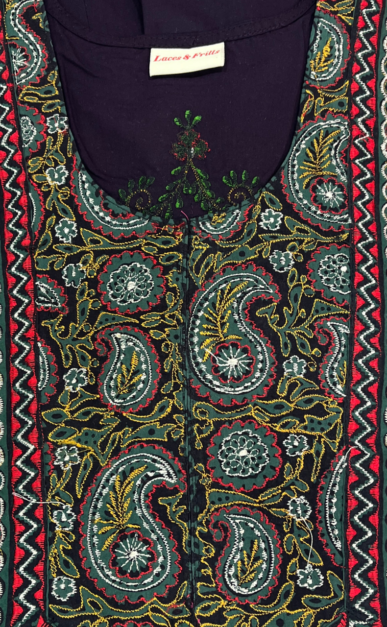 Dark Violet Bhopali Embroidery Soft Cotton Nighty. Soft Breathable Fabric | Laces and Frills