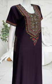Dark Violet Bhopali Embroidery Soft Cotton Nighty. Soft Breathable Fabric | Laces and Frills