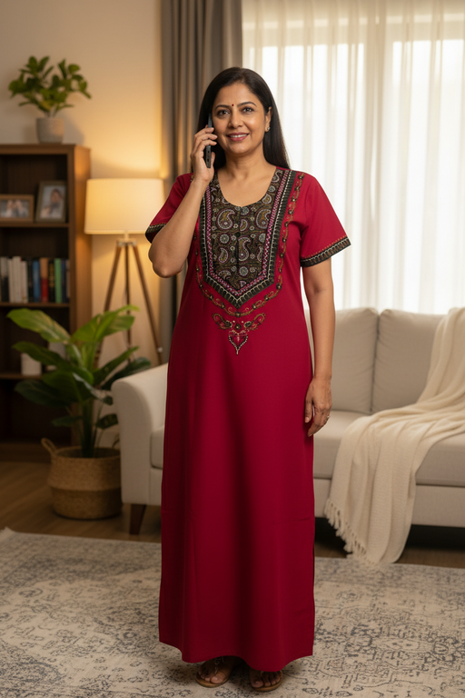 Pink Bhopali Embroidery Soft Cotton Nighty. Soft Breathable Fabric | Laces and Frills - Laces and Frills