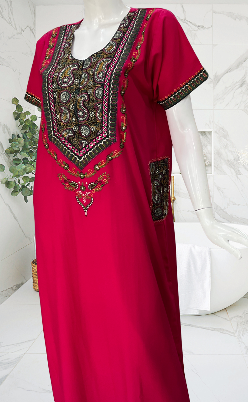 Rani Pink Bhopali Embroidery Soft Cotton Nighty. Soft Breathable Fabric | Laces and Frills