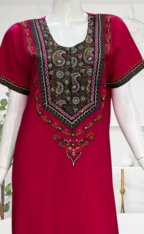 Pink Bhopali Embroidery Soft Cotton Nighty. Soft Breathable Fabric | Laces and Frills - Laces and Frills