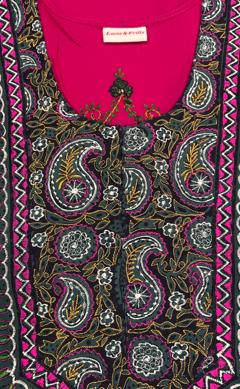 Rani Pink Bhopali Embroidery Soft Cotton Nighty. Soft Breathable Fabric | Laces and Frills