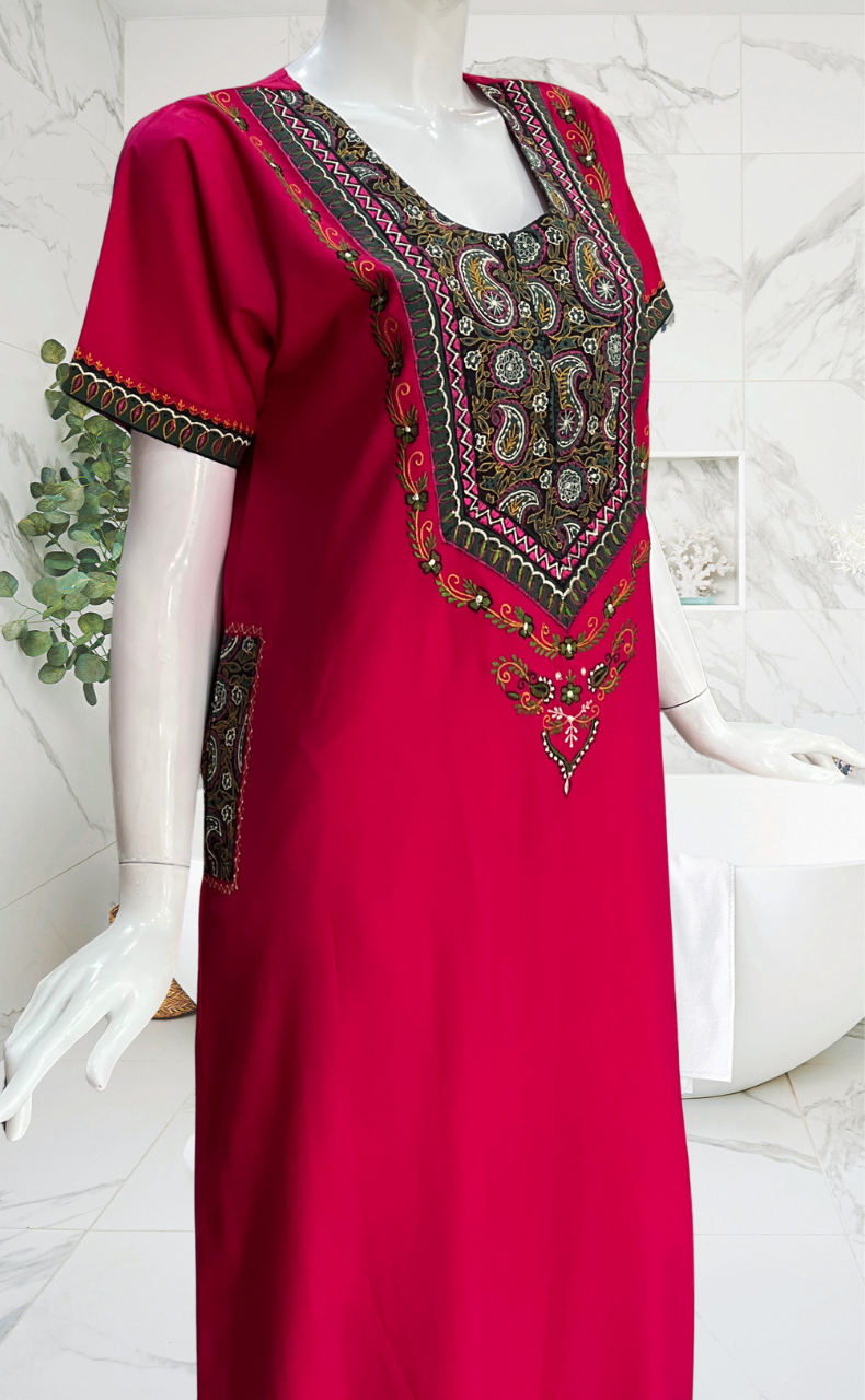 Rani Pink Bhopali Embroidery Soft Cotton Nighty. Soft Breathable Fabric | Laces and Frills
