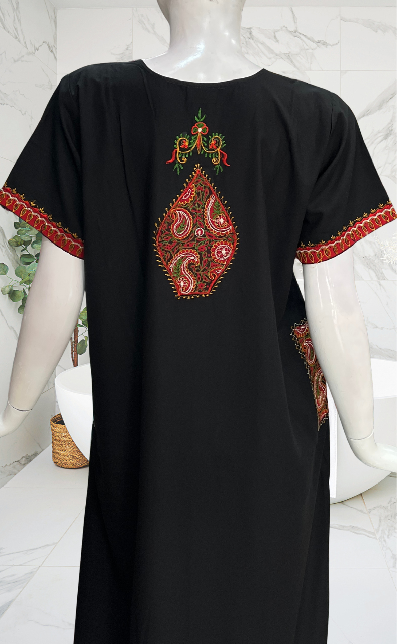 Black Bhopali Embroidery Soft Cotton Nighty. Soft Breathable Fabric | Laces and Frills