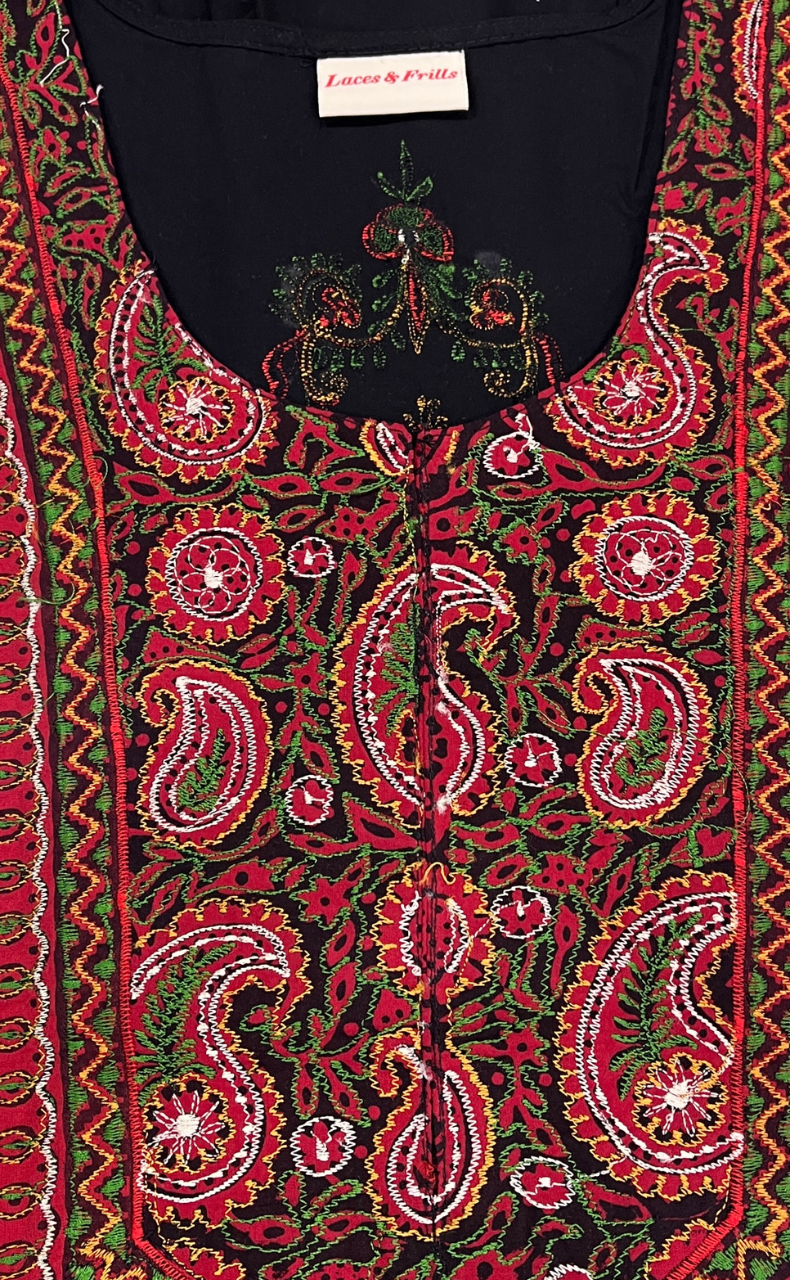 Black Bhopali Embroidery Soft Cotton Nighty. Soft Breathable Fabric | Laces and Frills