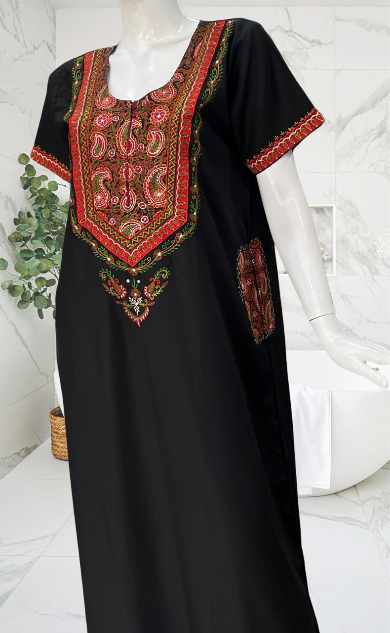 Black Bhopali Embroidery Soft Cotton Nighty. Soft Breathable Fabric | Laces and Frills