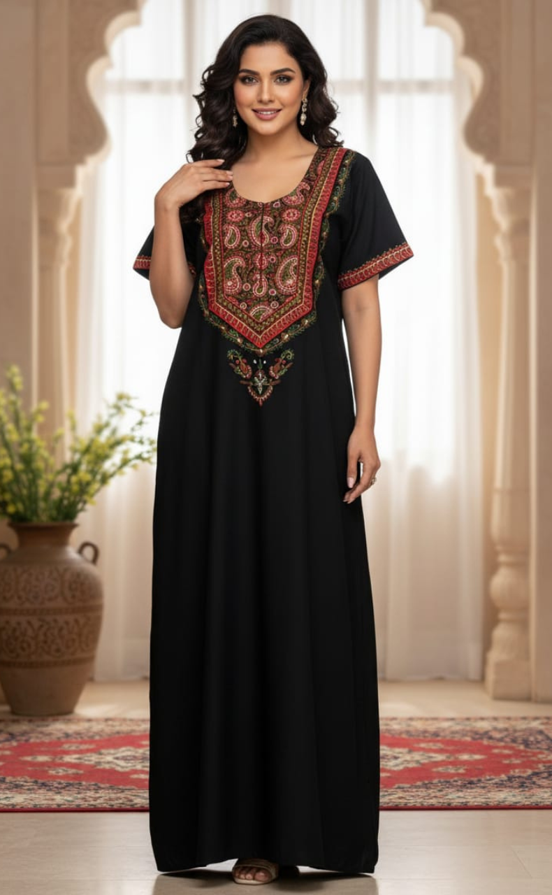 Black Bhopali Embroidery Soft Cotton Nighty. Soft Breathable Fabric | Laces and Frills
