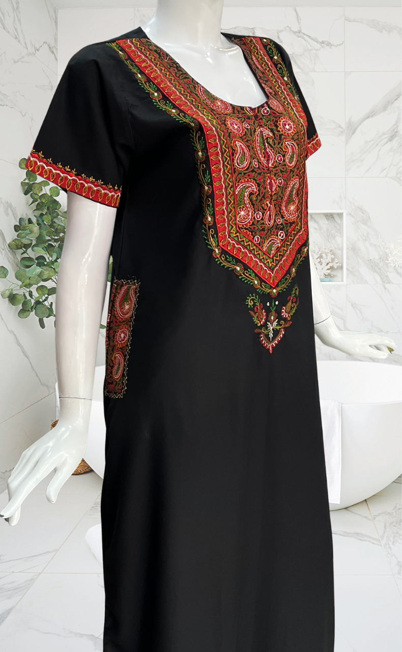 Black Bhopali Embroidery Soft Cotton Nighty. Soft Breathable Fabric | Laces and Frills