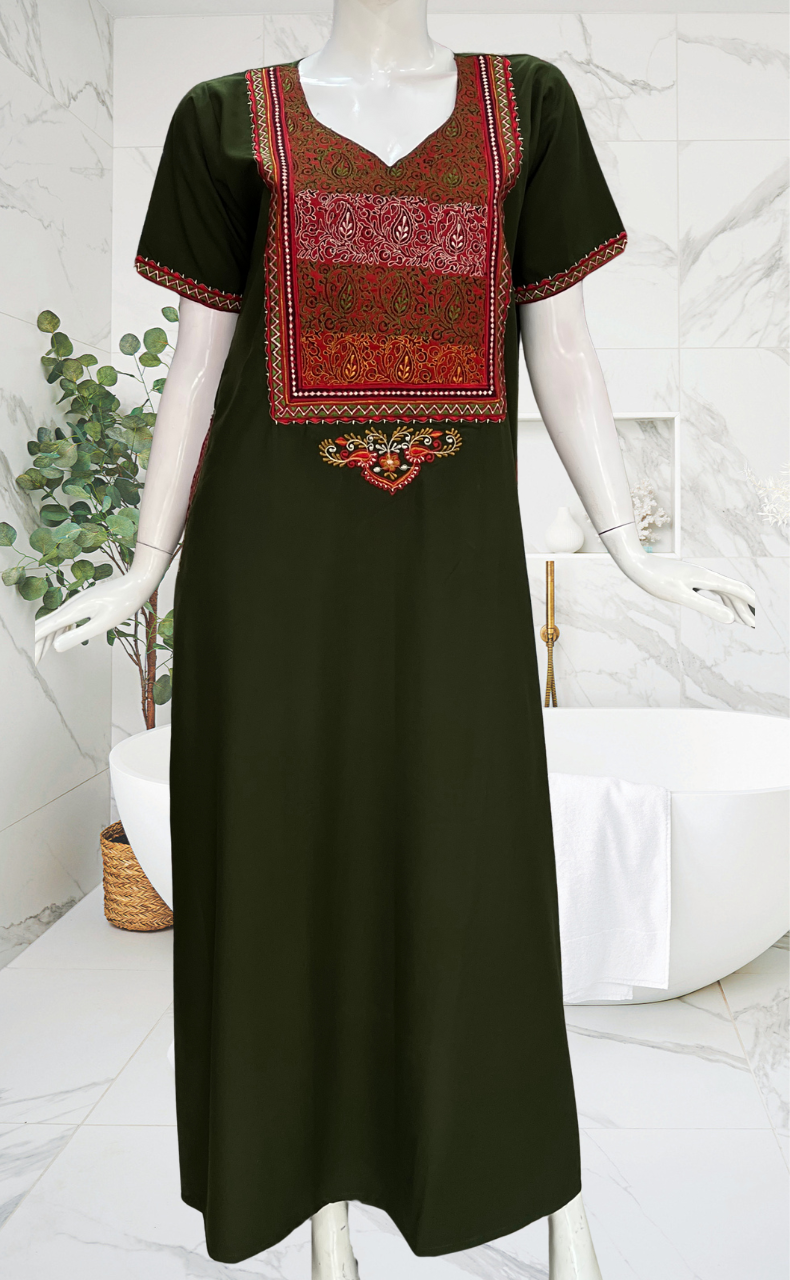 Olive Green Bhopali Embroidery Soft Cotton Nighty. Soft Breathable Fabric | Laces and Frills