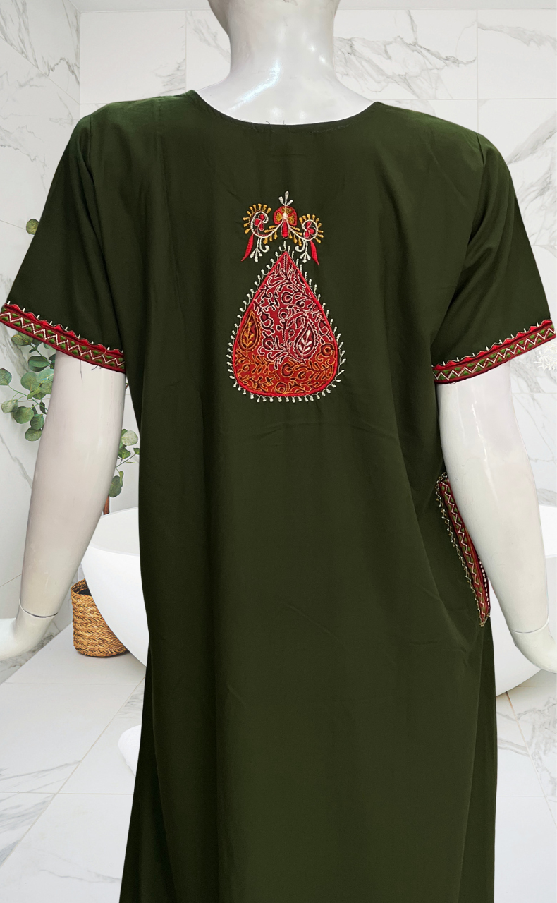 Olive Green Bhopali Embroidery Soft Cotton Nighty. Soft Breathable Fabric | Laces and Frills
