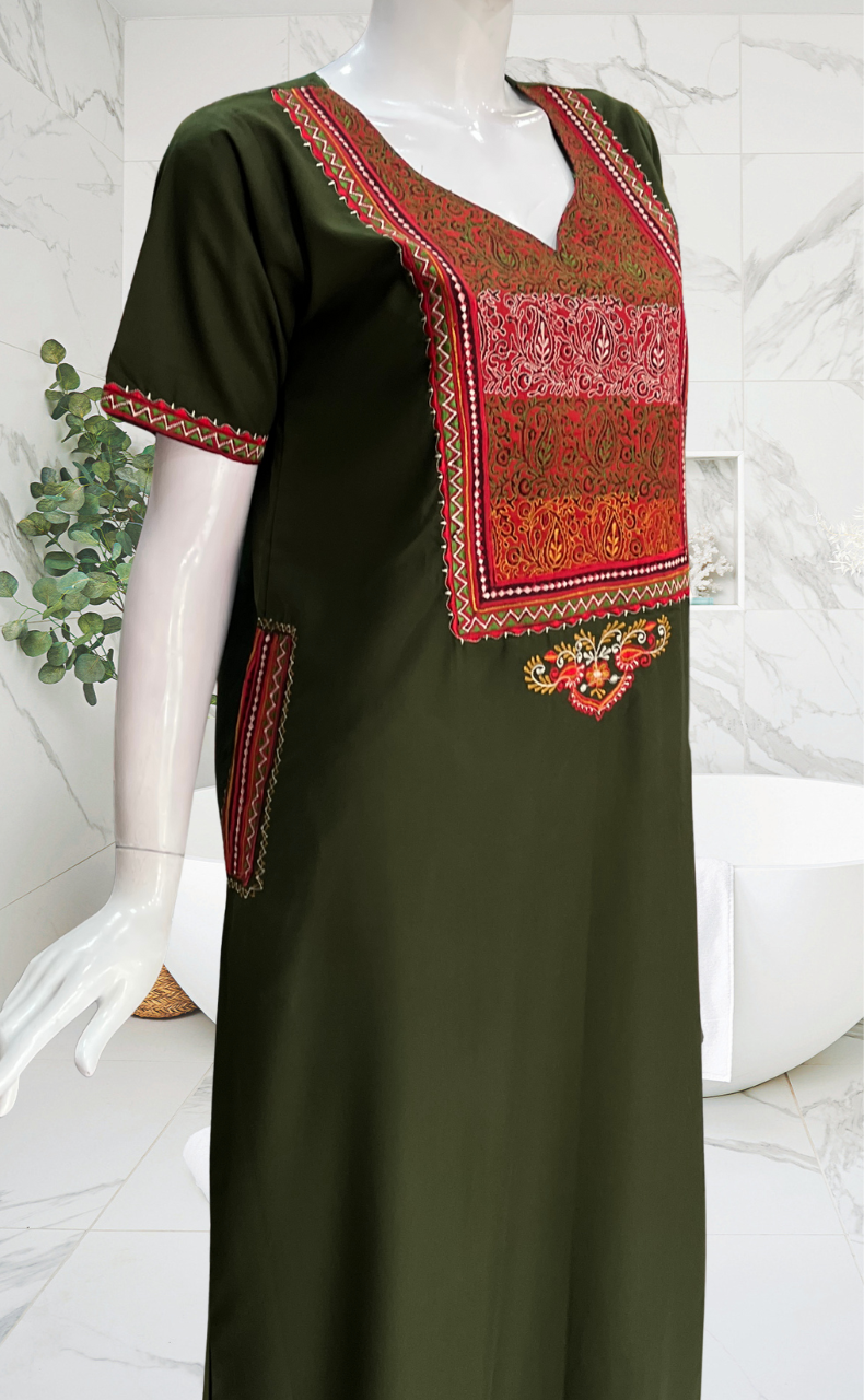 Olive Green Bhopali Embroidery Soft Cotton Nighty. Soft Breathable Fabric | Laces and Frills