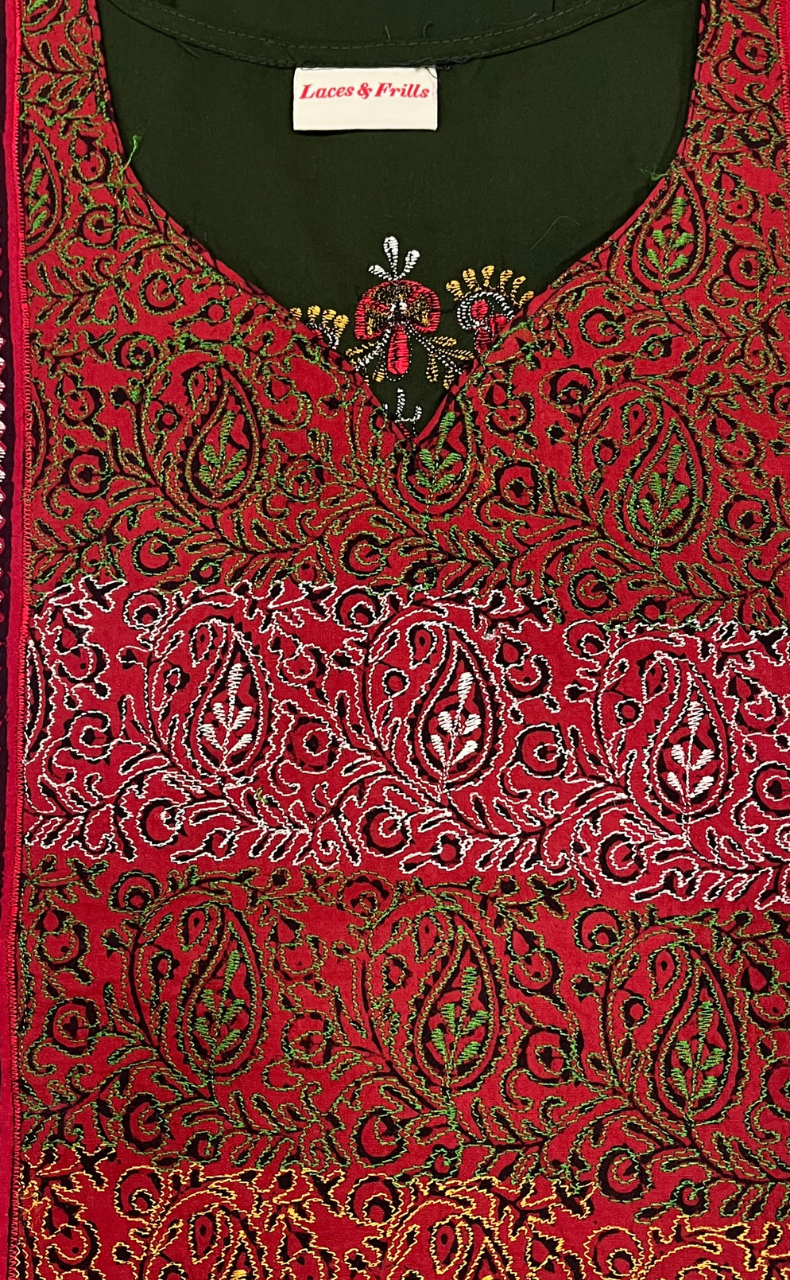 Olive Green Bhopali Embroidery Soft Cotton Nighty. Soft Breathable Fabric | Laces and Frills