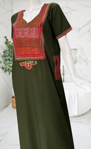 Olive Green Bhopali Embroidery Soft Cotton Nighty. Soft Breathable Fabric | Laces and Frills