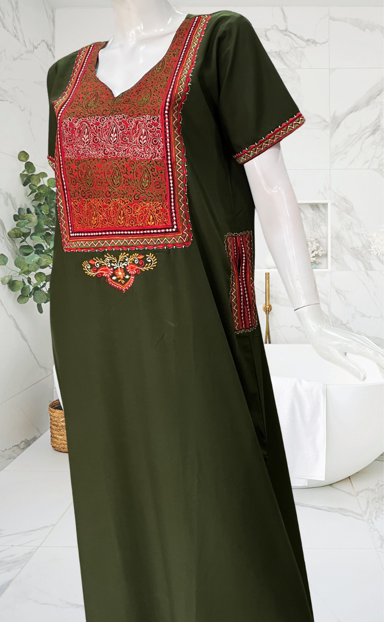 Olive Green Bhopali Embroidery Soft Cotton Nighty. Soft Breathable Fabric | Laces and Frills